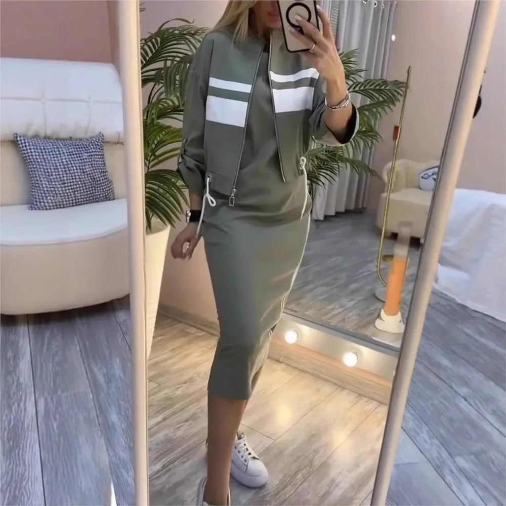 Women's Fashion Color-blocked White Striped Hip-covering Sweatshirt Dress 2piece Set Female Casual Zipper Jacket Coat Dress Suit