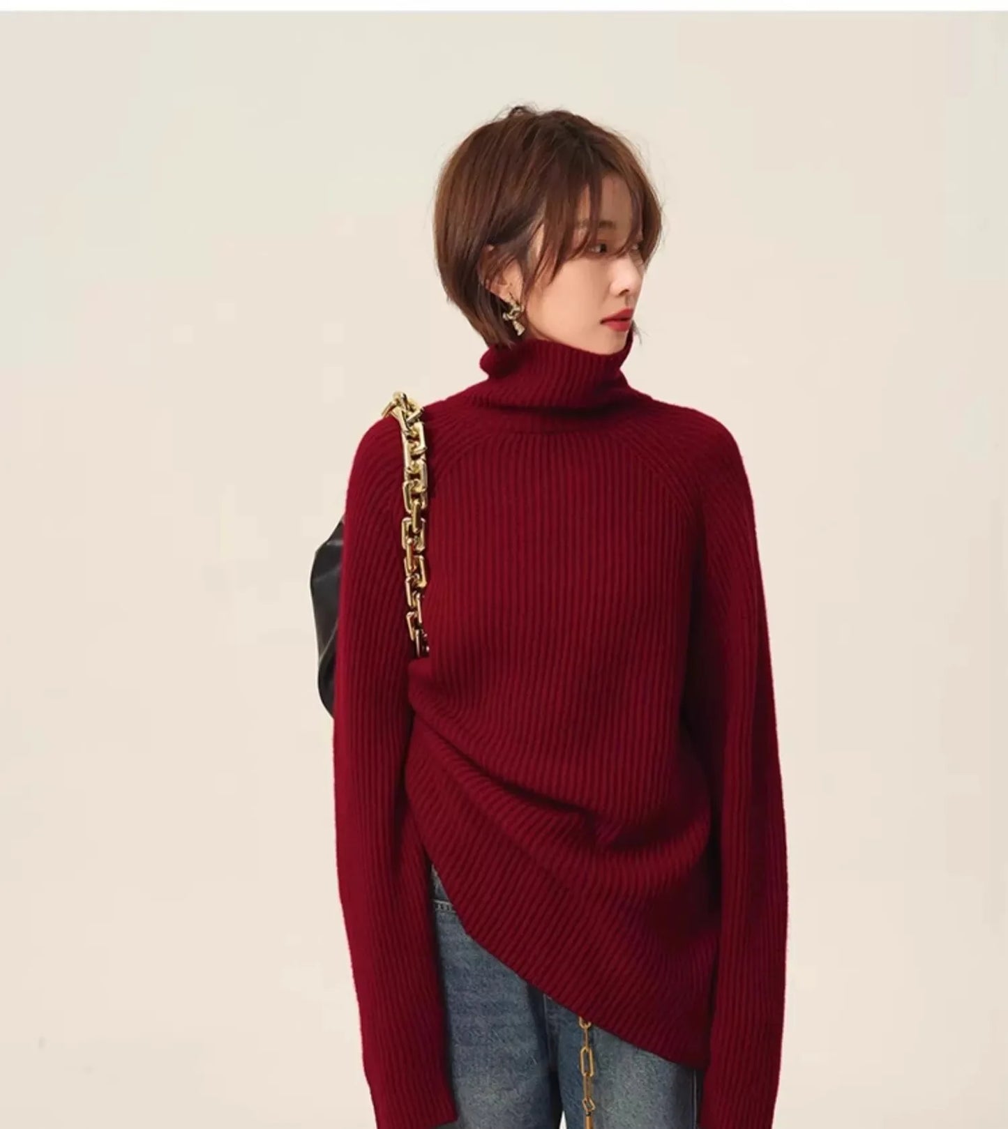 Rollkragenpullover 100% Kaschmir Pullover Damen lose verdickend Anti-Aging Nische Vintage Roter Rundhals-Pullover Damen Langarm