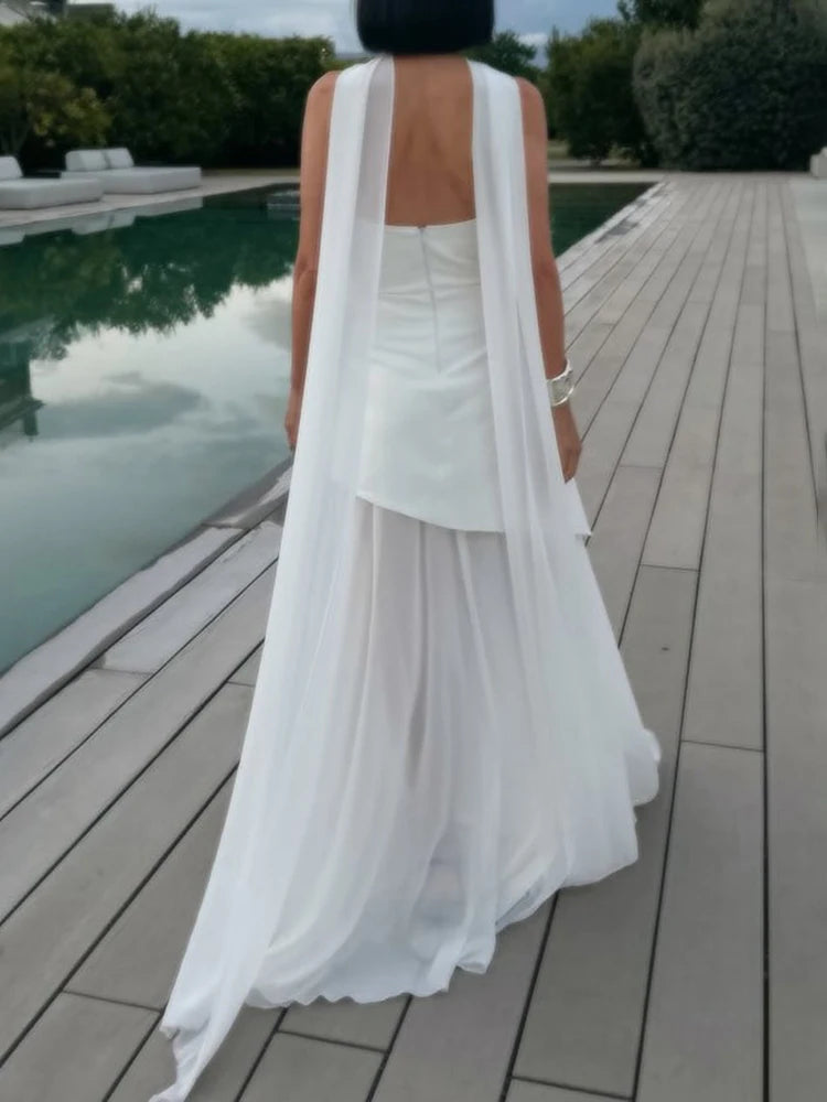 TARUXY Mode Trägerloses Kleid mit Band Frauen Elegantes Ärmelloses Mesh Strand Urlaub Langes Kleid Frühling 2025 Neues Damenkleid