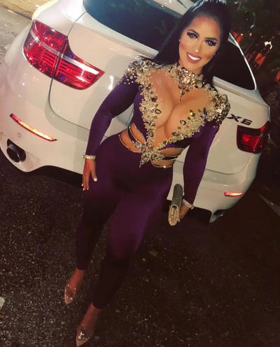 Grape Purple Jumpsuit Prom Dress for Women Crystal Beaded Long Sleeve customsized Birthday Queen Gown Pant Suit vestidos de gala