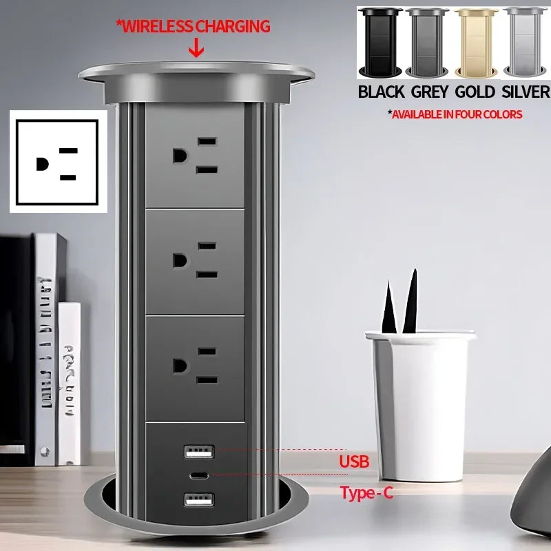 Motorized Lifting Pop Up Tower Power Outlet Hidden Mounted Kitchen Worktop USB Type C Socket with Speaker Wireless Charging