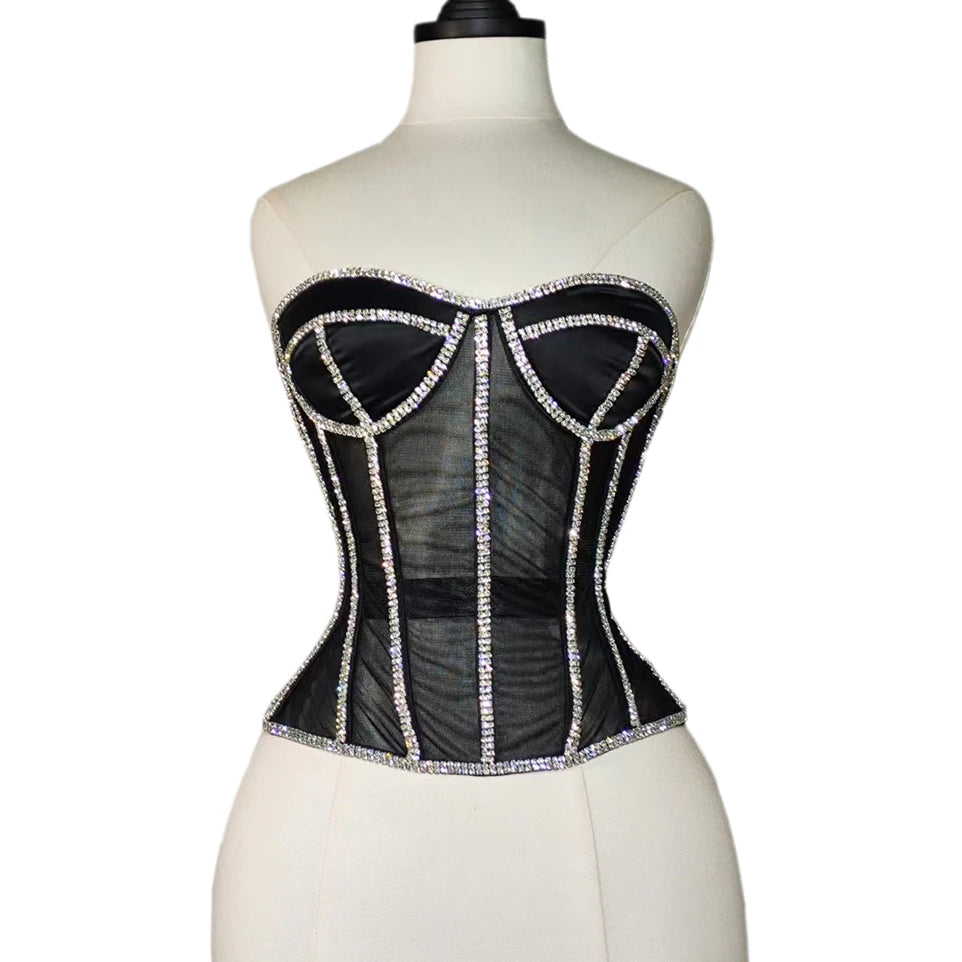 Women Abdomen Corset Crops with Bra Shiny Rhinestone Transparent Breathable Mesh Hand Made Bodices Push Up Bustiers Custom Made