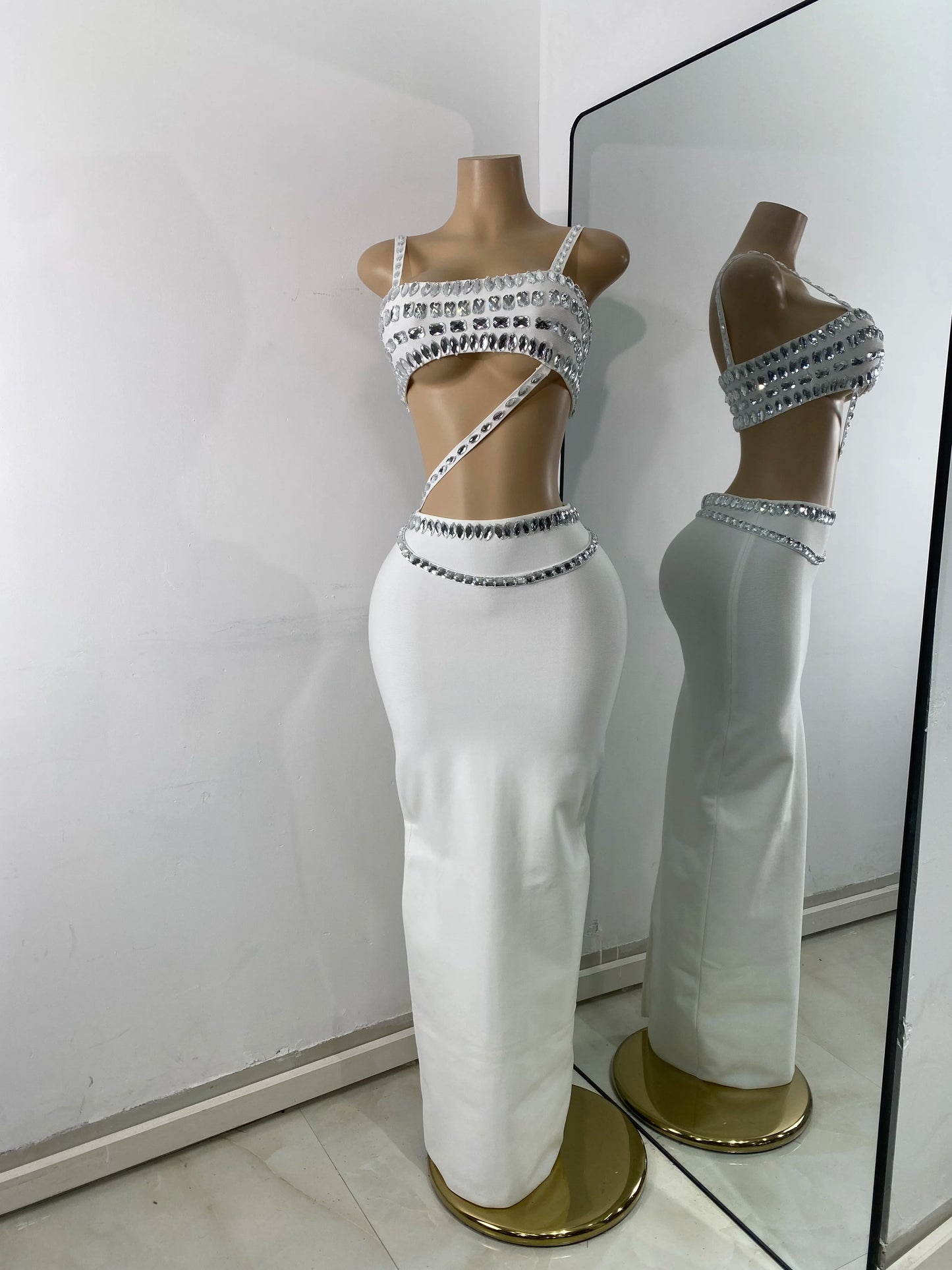 Luxus Kristall Diamanten Top Rock Zweiteiler Damen Bandage Sets Weiß Schwarz Gestrickt Celebrity Abend Geburtstag Party Outfit