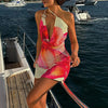TARUXY Asymmetrisches, sexy bedrucktes Kleid, drapiert, Schwingkragen, Strandurlaub, Minikleid, elegant, ärmellos, Damen, hohe Taille