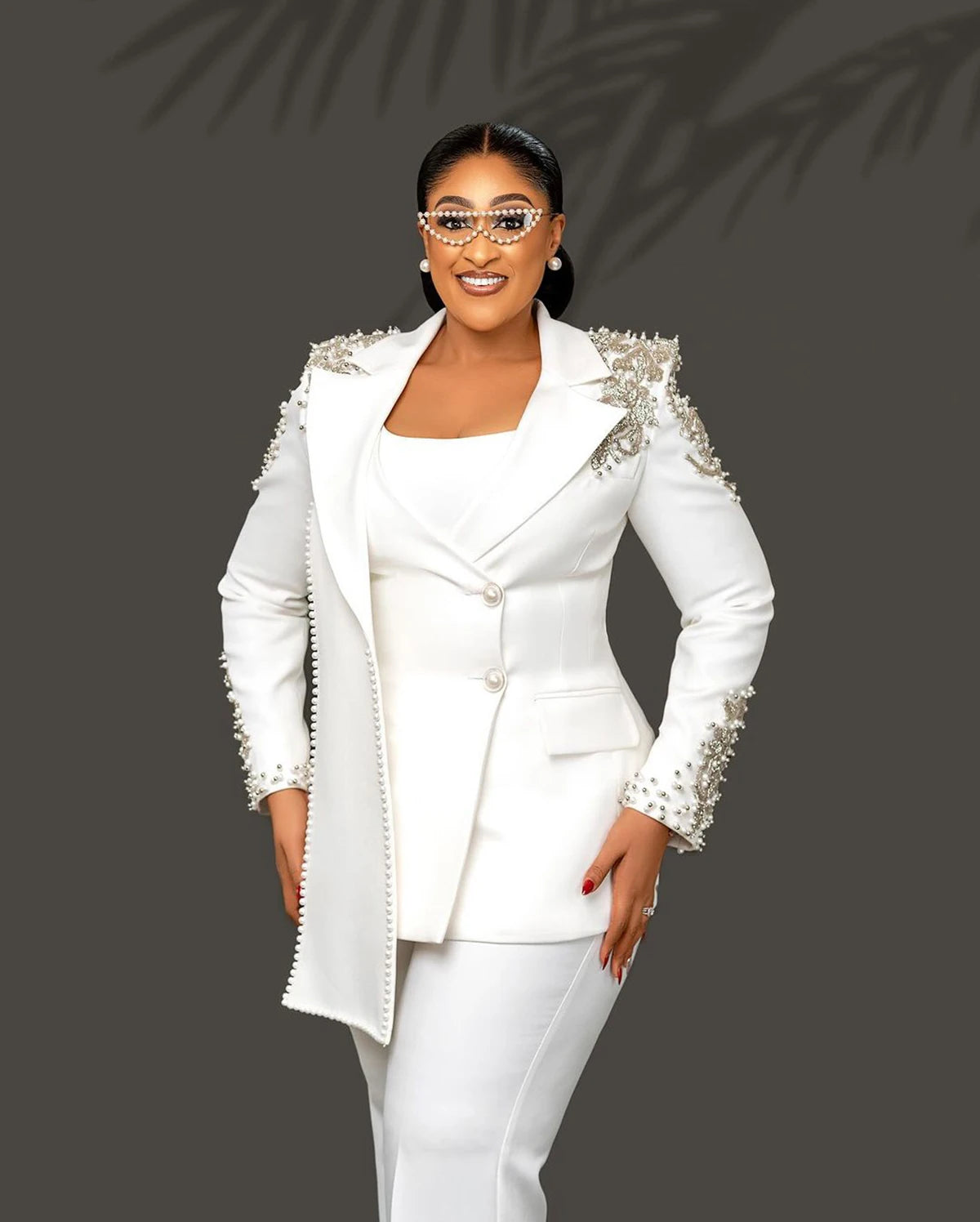 Customized Unique Design Beads Women Pants Suits White Wedding Blazer Jacket Guest Wear Slim Fit 2 Pieces