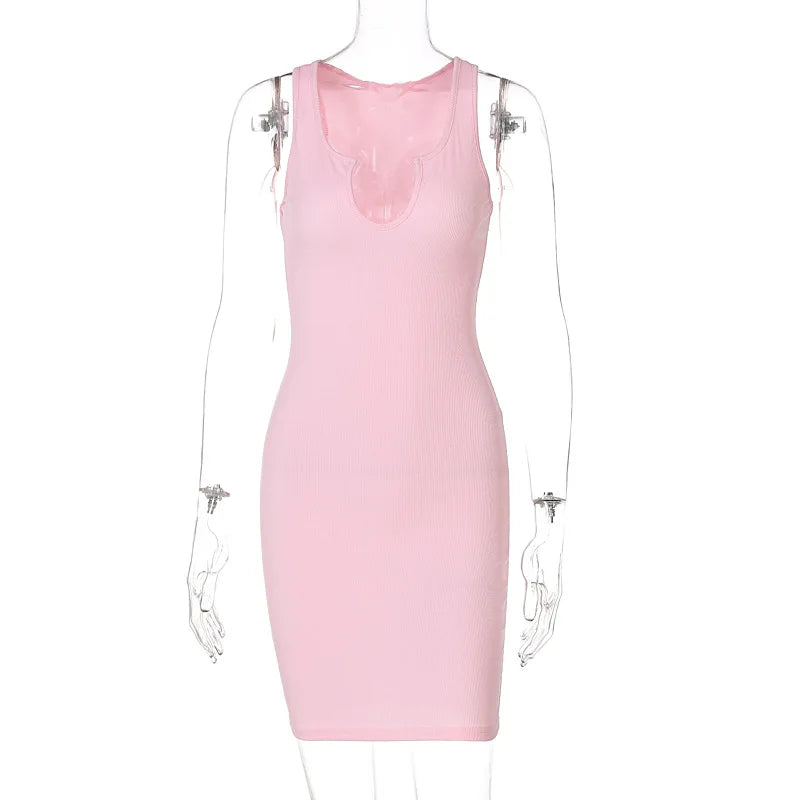 Sexy Deep U Neck Wrap Chest Slim Bodycon Dress Women Sleeveless Solid Color Skinny Dress Elegant Club Party Vestidos