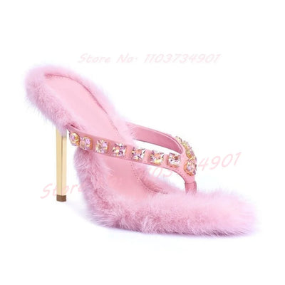 Rosa Fell Plüsch Kristalle Pantoletten Damen Sexy Flip-Flops Eckige Zehe Metall Hohe Absätze Hausschuhe Weibliche Party Outdoor Mode Schuhe