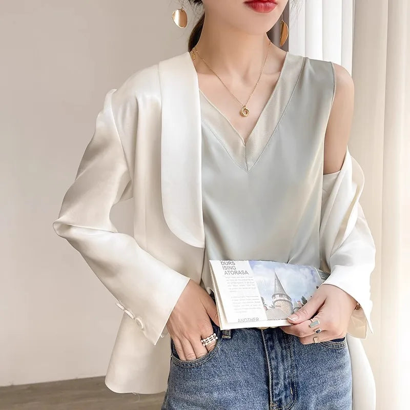 Silk halter V-neck sleeveless bodice Satin vest lace with beautiful back summer jacket with suit top