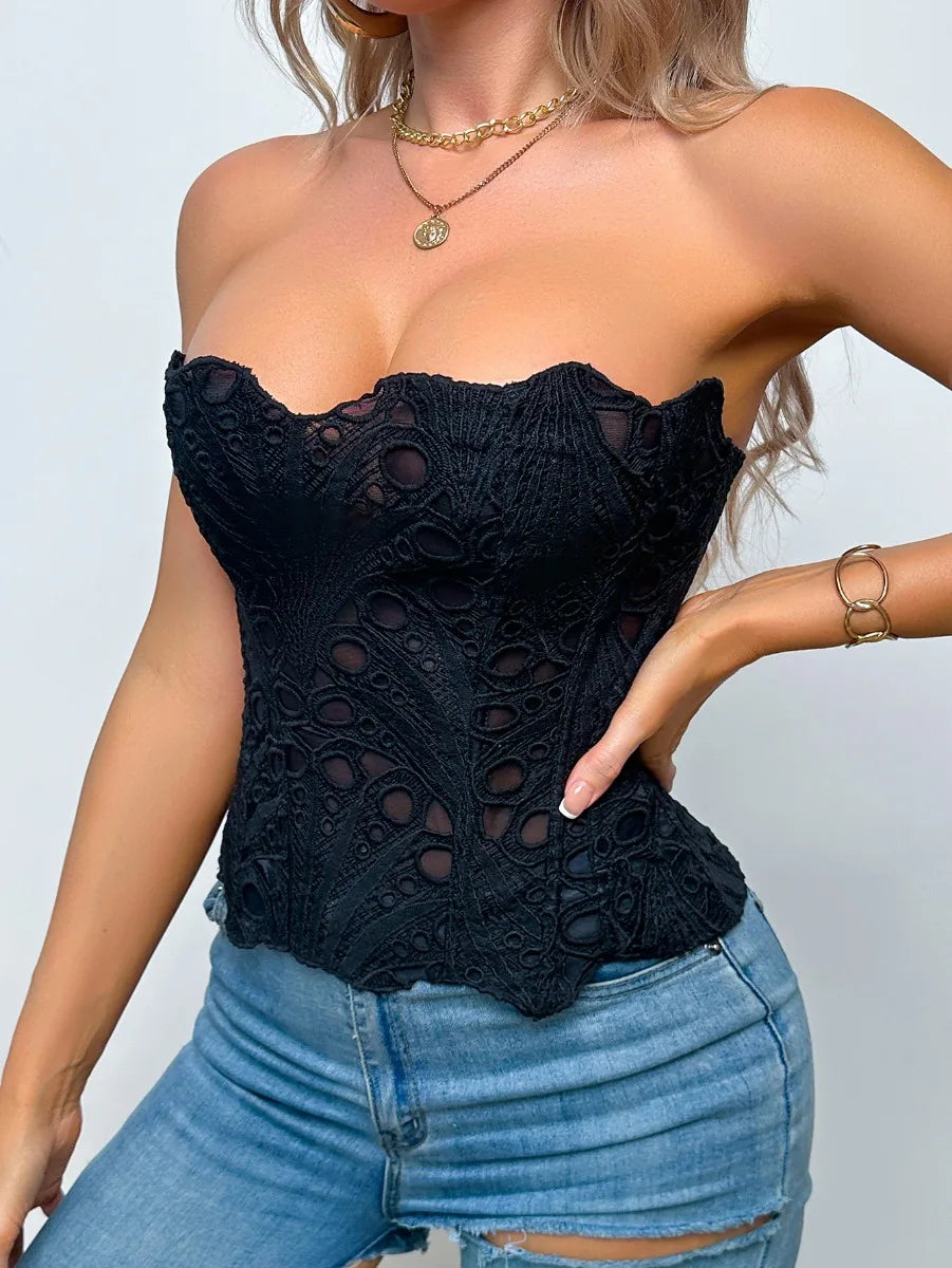 SsTss American Court Corset Sheer Mesh Breathable Corset Sexy Top Hollow Irregular Lace Double Layer Shapewear Chic Camis Top