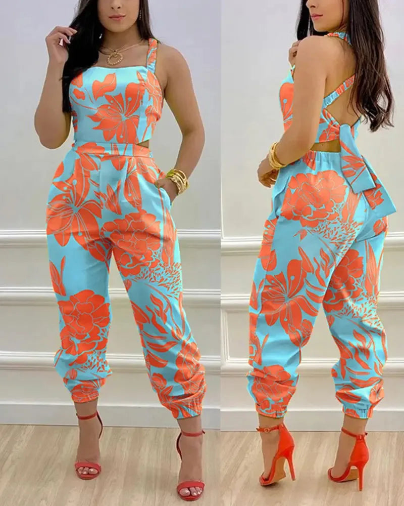 Eleganter Damen Overall 2024 Sommer Mode Träger Hohl Sexy Off-Taille Bedruckter Jumpsuit