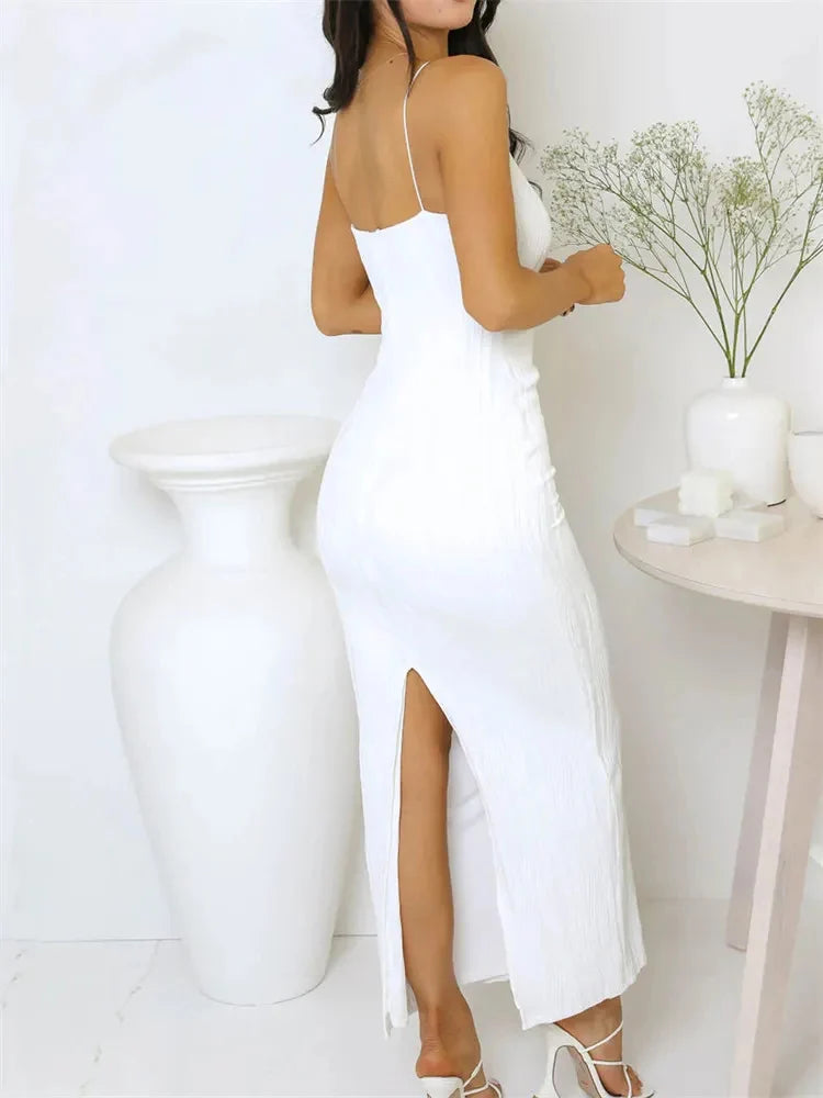 Sexy Damen Langes Kleid Raffiniert Ärmellos Schmal Uni Sommer Party Rückenschlitz Kleid Clubwear Weibliche Vestido Outfits