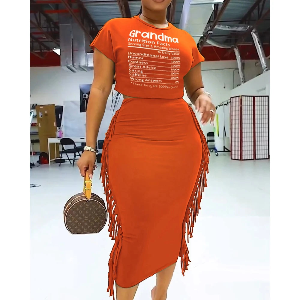 Women's Letter Print Crop Top and High Waist Long Skirt Set, Summer Workwear, Casual Tassel, Female Party Dress Sets, New, 2Pcs