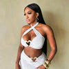 Sexy Metal Loving Heart 2 Piece Dresses Sets Halter Bandage Corset Tops and Mini Skirts Night Club Outfit White Black Streetwear