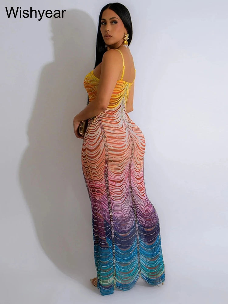 Neue Gradient Strass Tie-Dye Print Neckholder Meerjungfrau Lange Kleider Damen Rückenfrei Ärmellos Schmal Geburtstagsparty Abschlussball Vestidos