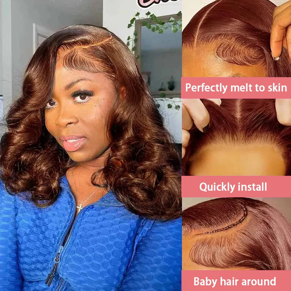 Loose Wave Chocolate Brown Short Bob Wigs 250% Density 13x4 HD Lace Front Wig 100% Human Hair Body Wave Bob Wigs For Women