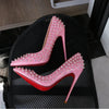 Pink studded high heels, fashionable, ultra shallow mouth, pointed toe, thin heel, hate sky, high punk style, 12CM