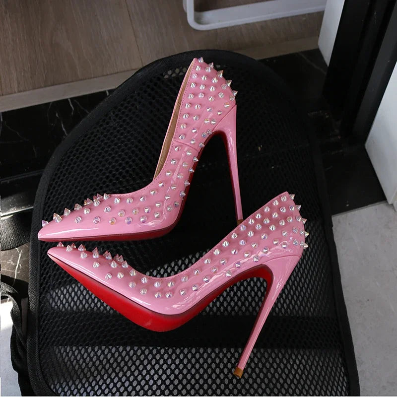 Pink studded high heels, fashionable, ultra shallow mouth, pointed toe, thin heel, hate sky, high punk style, 12CM
