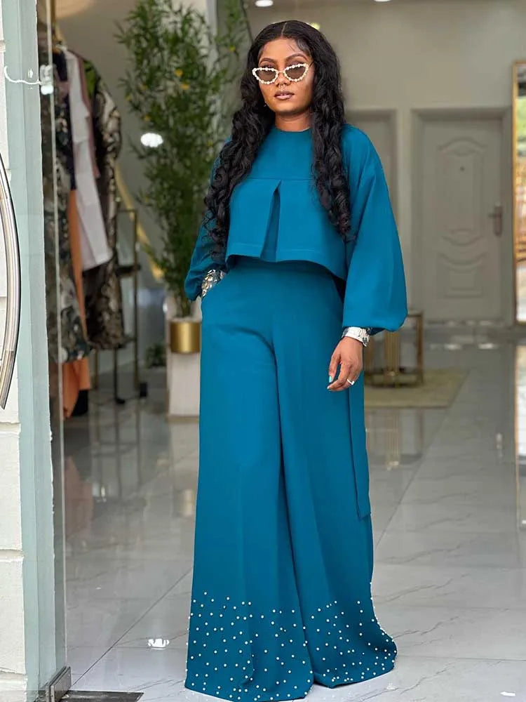 Frühlingskleidung für Damen, 2-teilige Sets Damen-Outfit, Laternenärmel-Anzug mit weiter Hose und Top, High Street Elegante Damen-Sets