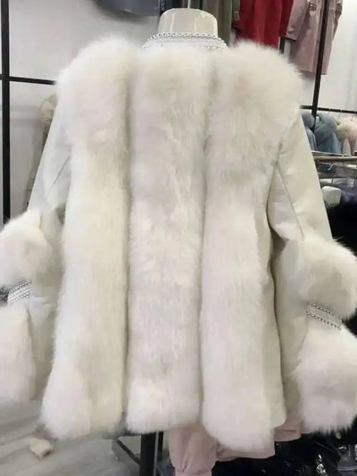 DEAT Fashion Temperament Thickened Fur Coat Cardigan Women Top-Quality Leather Patchwork Long Sleeve Jacket 2024 Winter 11SX023