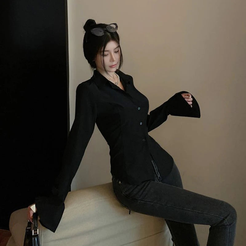 Gidyq Fashion Women Bandage Shirts Korean All Match Streetwear Female Slim Blouse Spring Casual White Bell Sleeve Shirt New