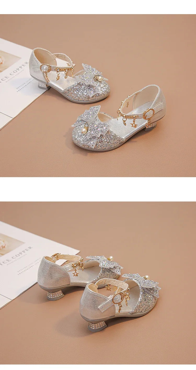 Girls Leather Shoes High Heeled for Wedding Party Glitter Rhinestone with Bow-knot Kids Dress High Heels Pendant Bling Sparkling