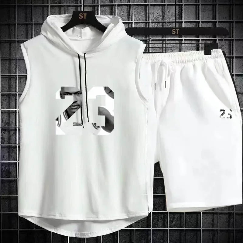 Summer New Men's Sleeveless Hooded T-shirt+shorts pants Sports two-piece set gym  Fashion  Casual Men Women Sports Two Piece Set