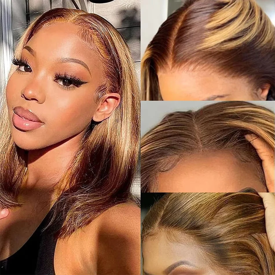 Highlight Perücken Echthaar Straight Bob Perücke 4/27 Ombre 13x4 Lace Front Echthaar Perücke 100% Remy Haar vorgezupft Transparente Spitze