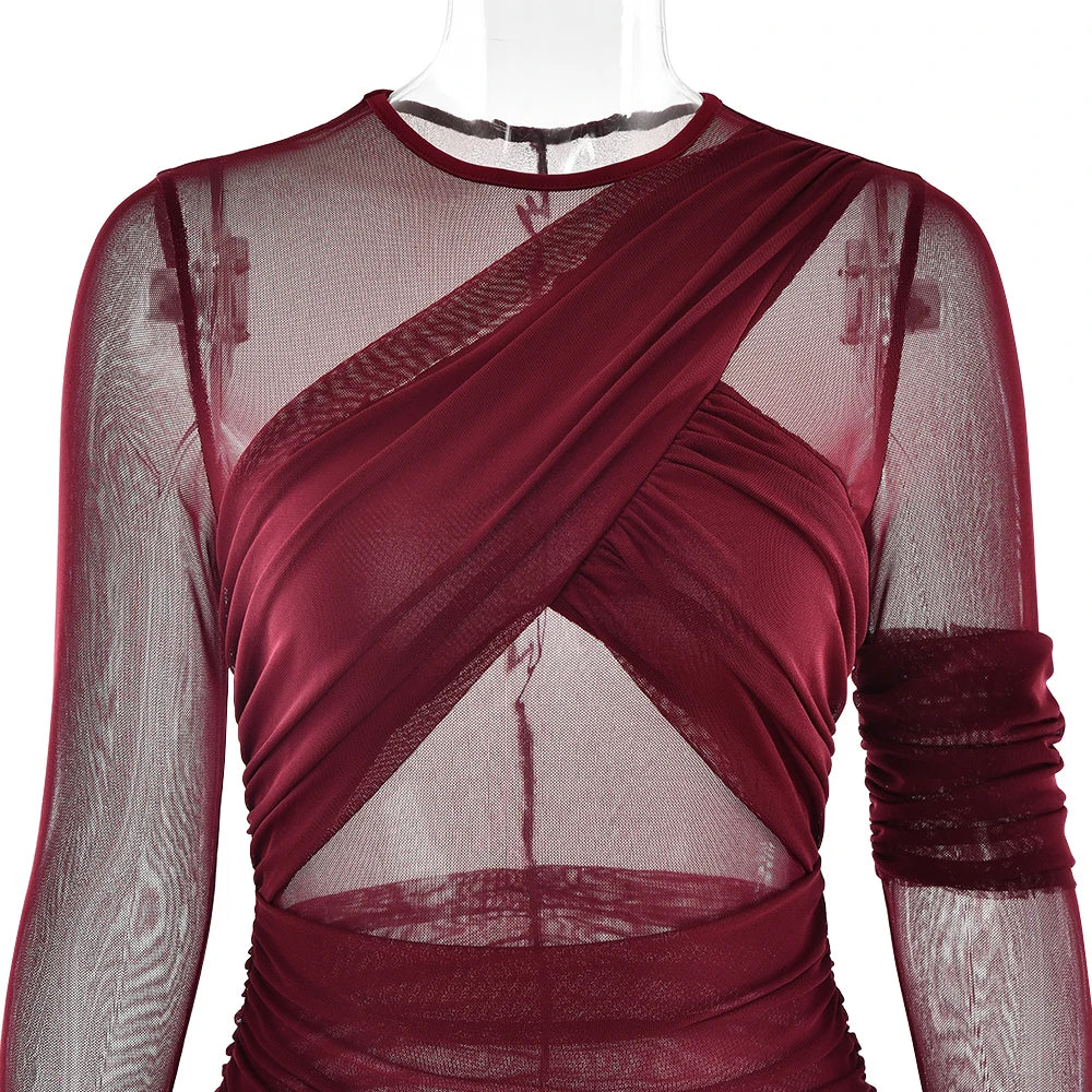 Articat Elegantes Mesh-Patchwork Langarm-Bodycon Party Club Abendkleid Sexy Doppellagiges Perspektivkleid Herbstkleidung