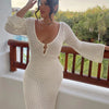 Sexy Women Long Knit Beach Dress Hollow-Out Deep V-Neck Long Sleeve Bikini Cover-Ups Dress Fall Backless Holiday Dress