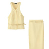 TRAFZA Women Fashion Suit Yellow V-Neck Sleeveless Belt Sngle Breasted Tops+High Waist Pocket Belt Long Skirts Female Summer Set