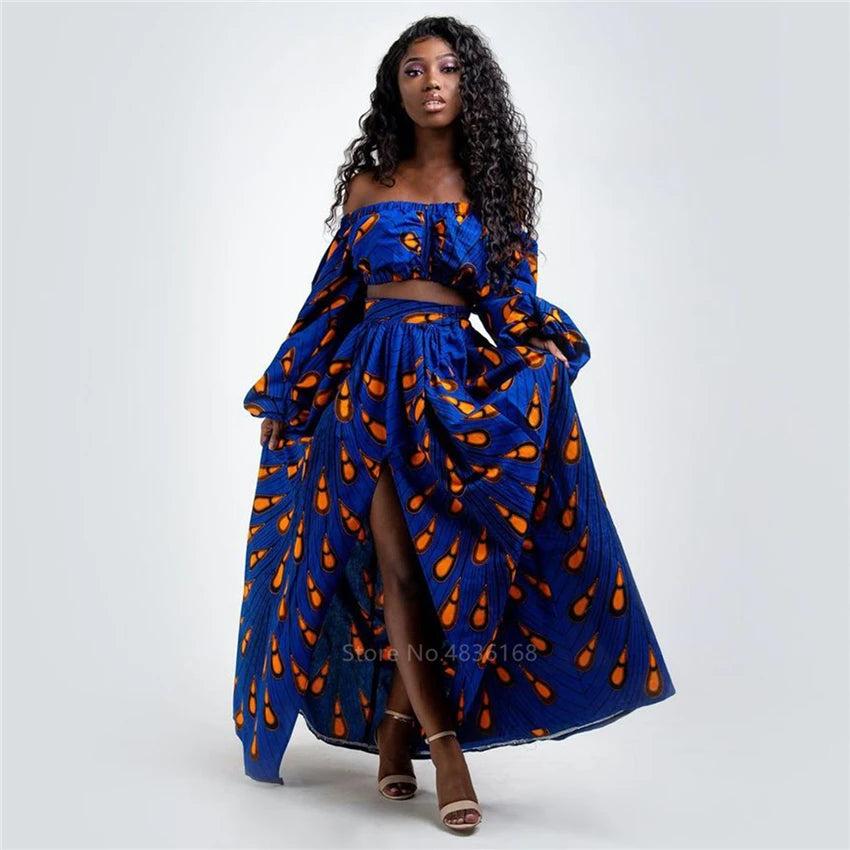 Afrikanische Kleider für Damen, Herbst, 2-teiliges Set, Damen, lange Ärmel, schulterfrei, mit Feder-Dashiki-Print, geteilte Röcke, afrikanische Kleidung