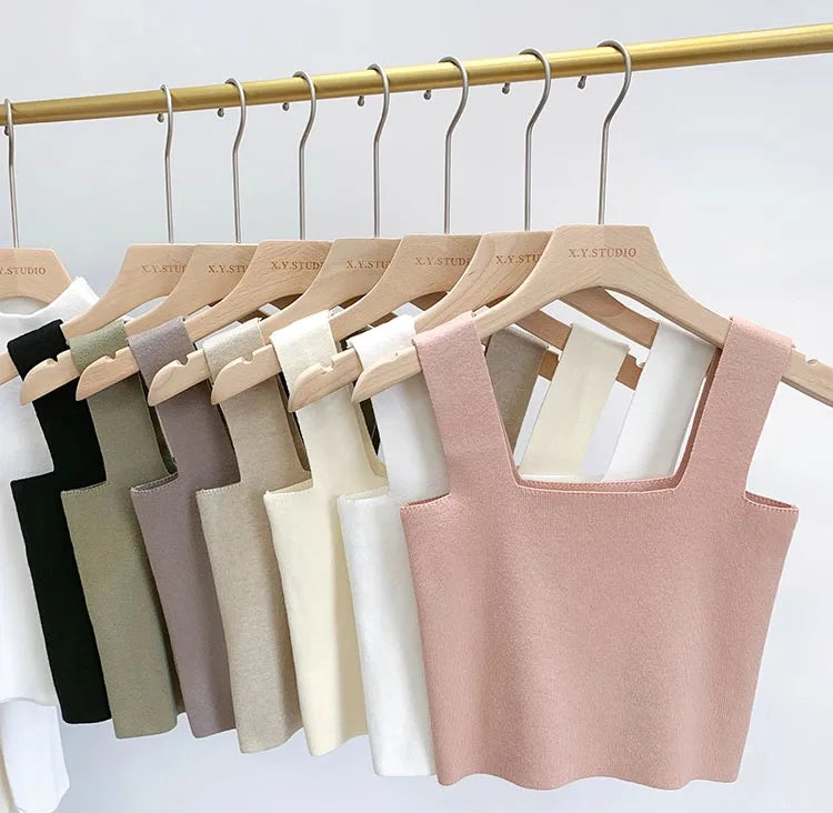 2026 Summer Women Sexy Sleeveless Tops Fashion Short Square Collar Tank Tops 6 Colors Knitted