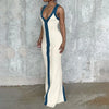 Sexy V-neck Contrast Color Off-shoulder Sleeveless Striped Wide Sling Split Hem Long Dress Temperament Party Club Casual Clothes
