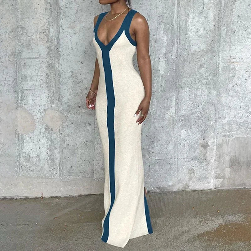 Sexy V-neck Contrast Color Off-shoulder Sleeveless Striped Wide Sling Split Hem Long Dress Temperament Party Club Casual Clothes