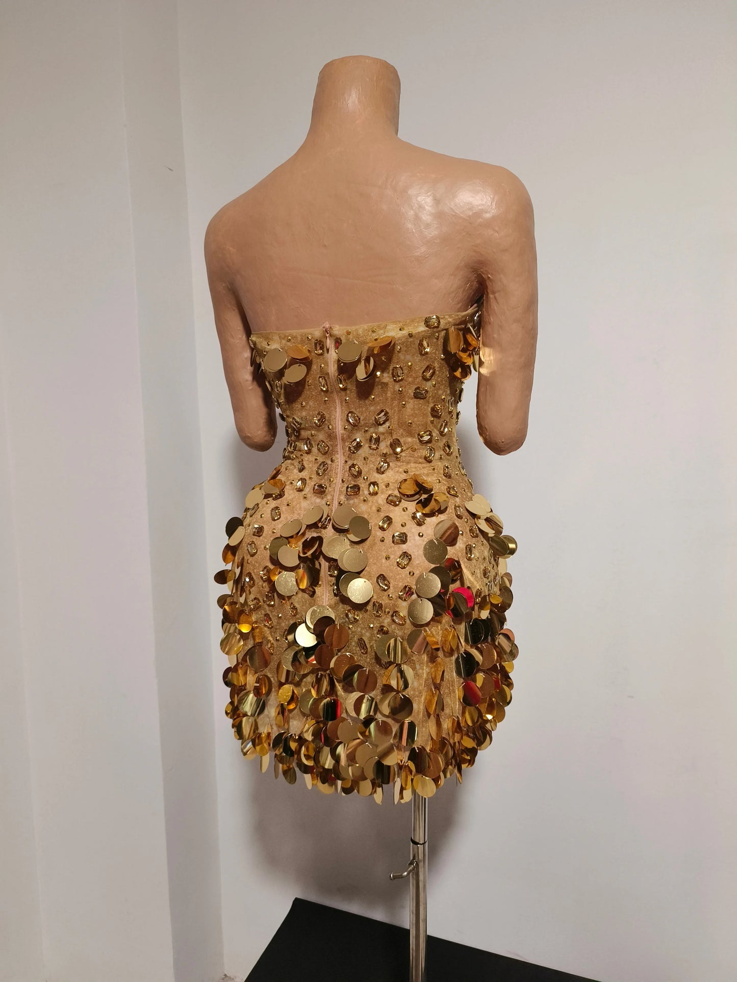 Sparkly Gold Rhinestone Sequins Sexy Strapless Mesh See Through Mini Dress Women Eveing Birthday Party Nightclub Stage Costume