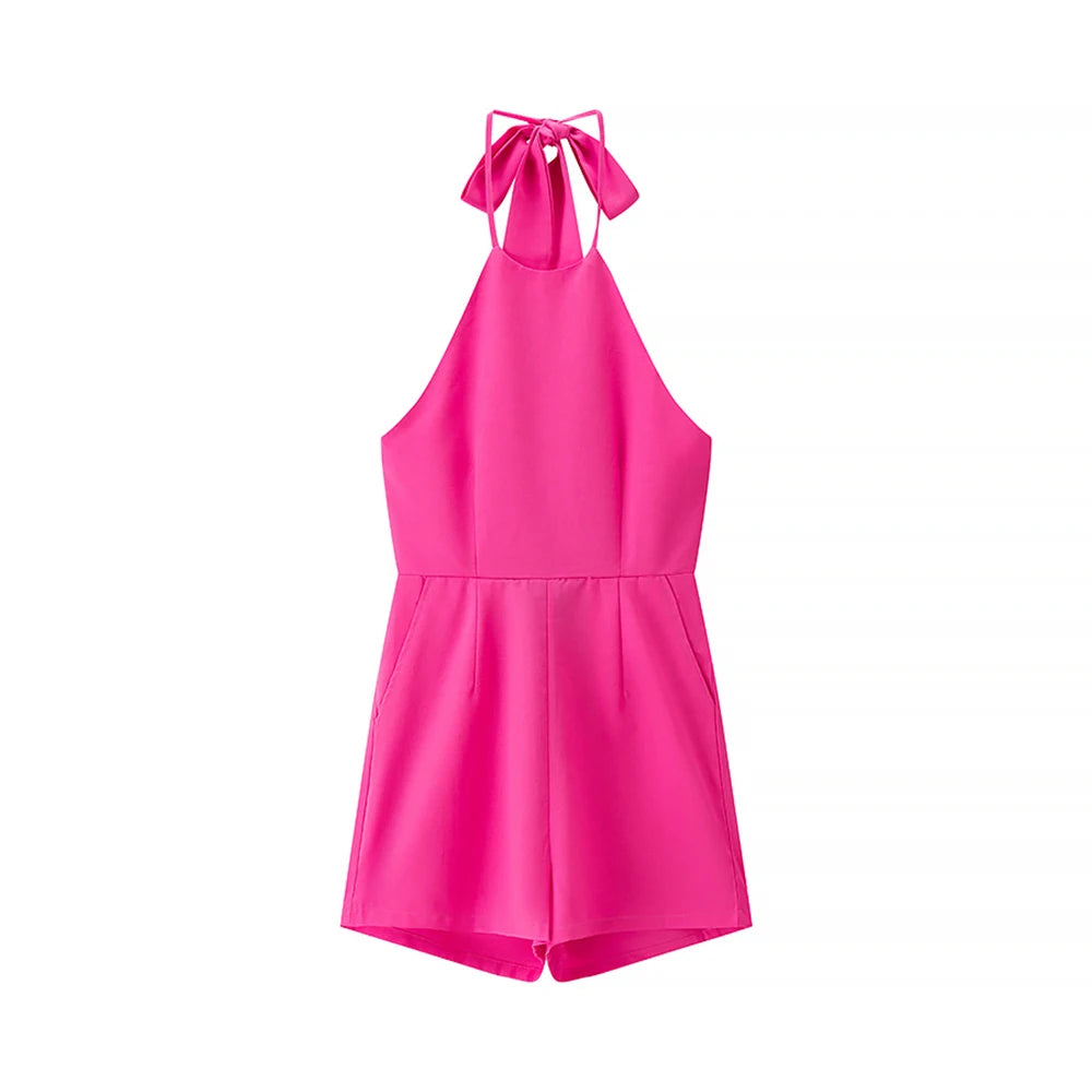 TWOTWINSTYLE Solid Office Playsuit for Women Halter Sleeveless High Waist Patchwork Bandage Backless Playsuits Female Fashion