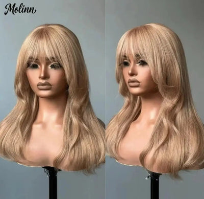 Honey Caramel Ombre Wig Layered Straight Lace Front Wig With Bangs Honey Blonde 13x4 HD Lace Wig Clearance Synthetic For Women