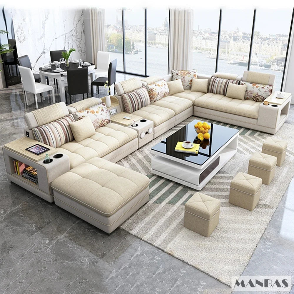 MINGDIBAO Nordische Stoff-Sofagarnitur mit Bluetooth-Lautsprecher & USB – Modernes Modulares Wohnzimmer-Sofa, Großes U-förmiges Ecksofa aus Stoff
