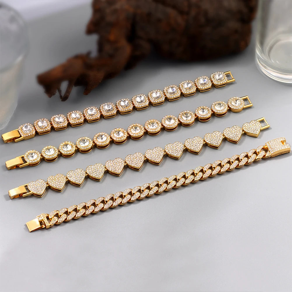 Iced Out Pink Cuban Armband für Frauen Hip Hop Gold Silber Farbe Kristall Herz Kreis Quadrat Armband 4Pcs Set Schmuck Geschenk