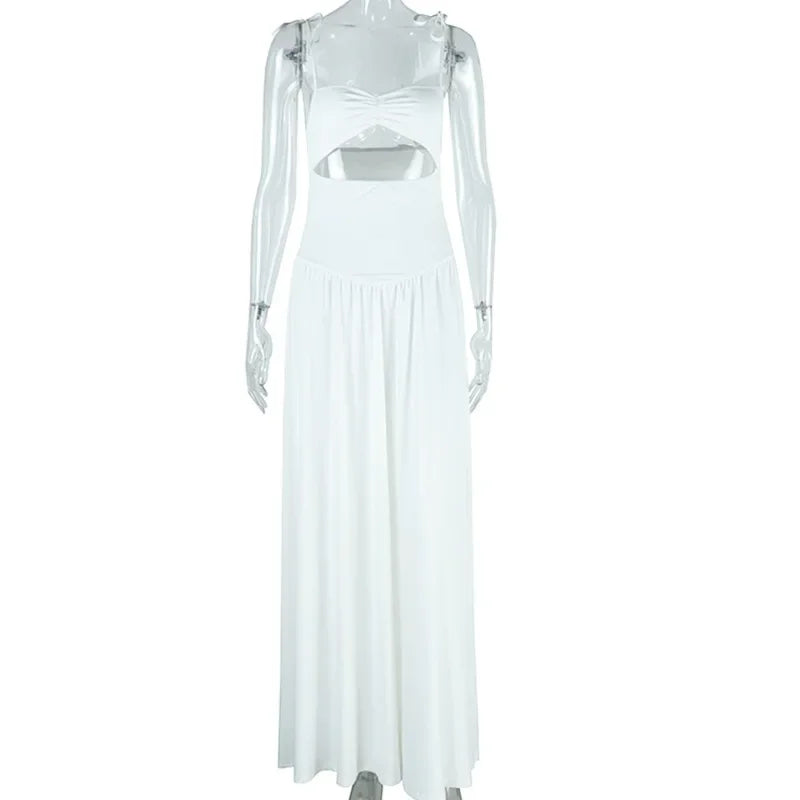 Hollow Ruched  Dress Women Square Collar Lace-up Shoulder Strap Backless Sleeveless Ruffles Street Trend Mini Bodycon