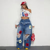European and American High Street Ripped Jeans Women Double Waist Letter Patch Wide Leg Pants Floor Mopping Pants Loose Straight