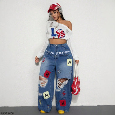 European and American High Street Ripped Jeans Women Double Waist Letter Patch Wide Leg Pants Floor Mopping Pants Loose Straight
