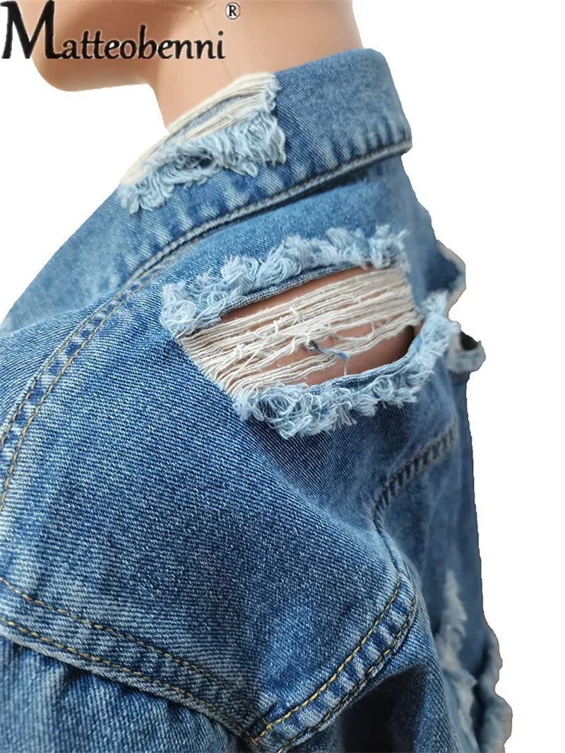 Fashion Zerissene Löcher Langarm Kurze Jeansjacke Damen Trend Streetwear Freizeit Oberbekleidung Damen Doppelknopf Splicing Mantel