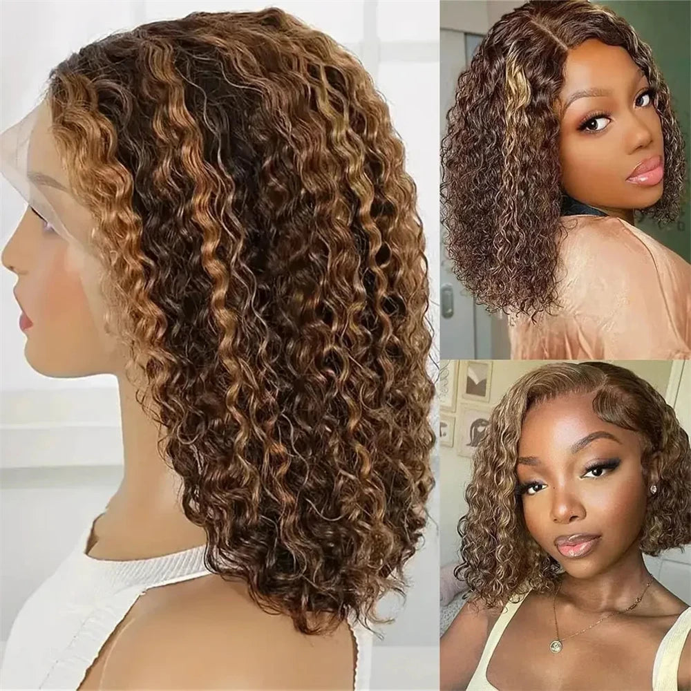Ombre Highlight P4/27 Peruvian Remy Hair Short Bob Human Hair Wigs Blonde Wig Deep Curly Bob Wig 13x4 Lace Front Wigs For Women