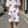 Fashion Men's Black and White Flower Graphic Print T-shirt Shorts 2-piece Set O-neck Short Sleeve Top Elastic Waist Shorts Set