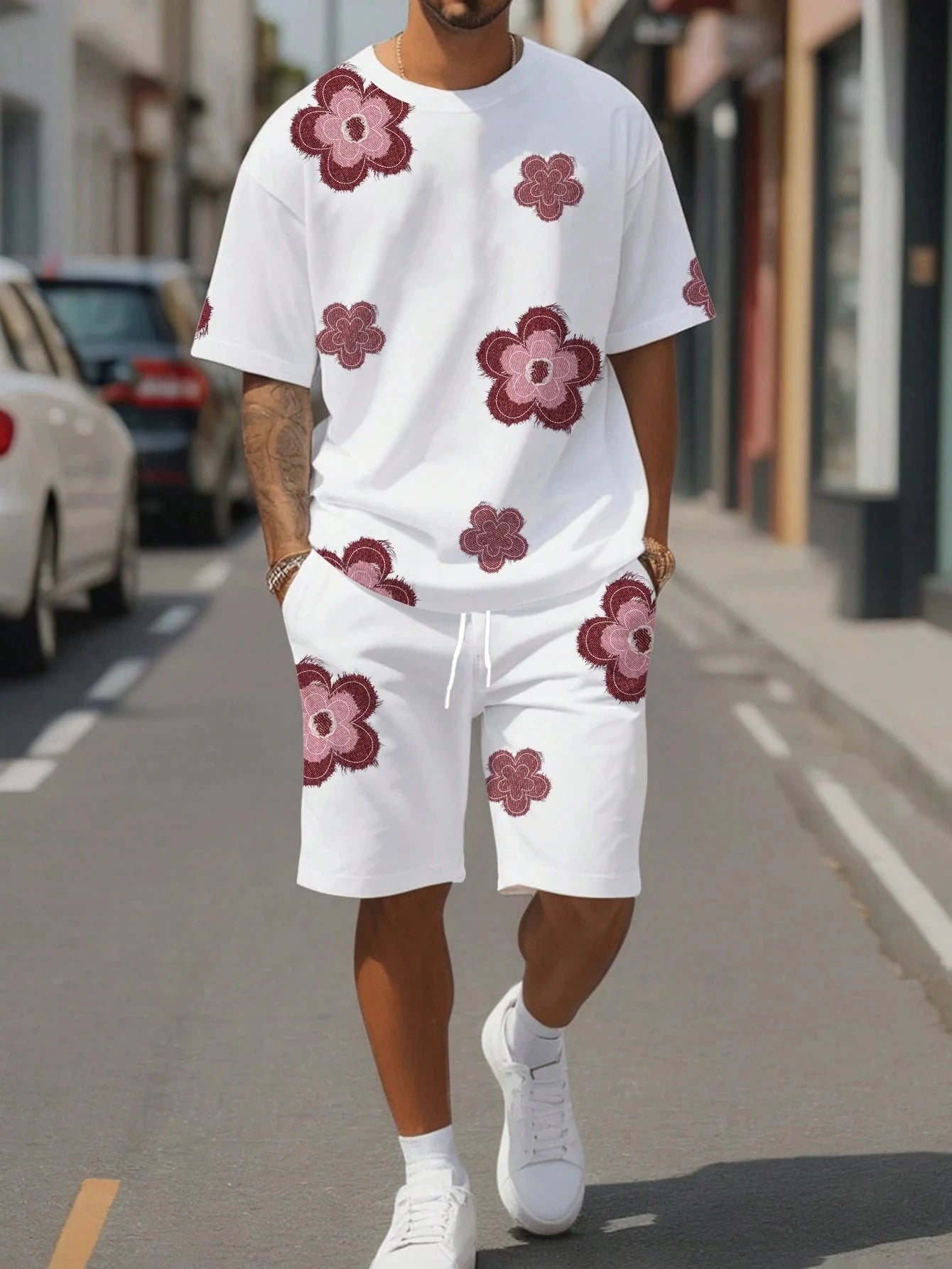 Fashion Men's Black and White Flower Graphic Print T-shirt Shorts 2-piece Set O-neck Short Sleeve Top Elastic Waist Shorts Set