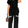 Elegant Women's Casual Short Sleeve T-shirt Sports Suit Summer Fashion Solid V Neck Short Top & Straight Pants Two Piece Sets