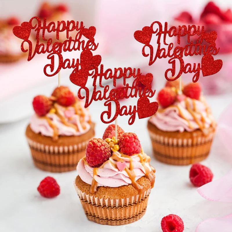 YOMDID 24tlg. Happy Valentines Day Cupcake Toppers Glitzer Rot Dekorationen Valentinstag Cupcake Spieße Geschenk zum Valentinstag