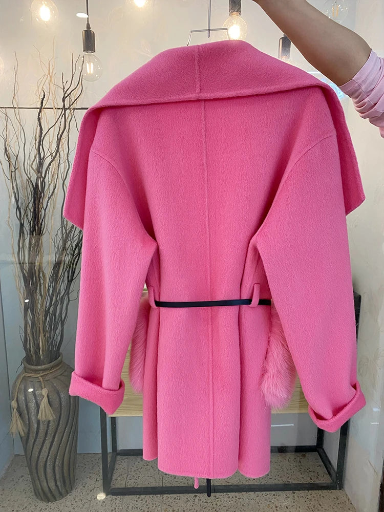 2024 New Winter Real Natural Fox Fur Pocket Coat Ladies Outwear Female Coat Cashmere Wool Woolen Women Luxury Jacket