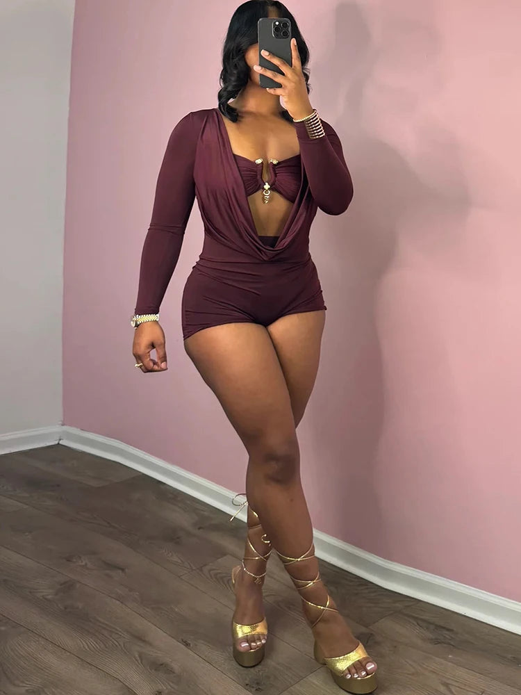Insglas Frühling Trend Schwingkragen Sexy Damen Jumpsuit + Metallschnalle BH Hipster Midnight Party Neues Workout Fit Coquette Playsuits